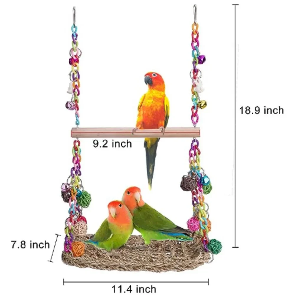 Woven-Seagrass Bird Hammock - Bird Swing Toys w/ Wood Perch